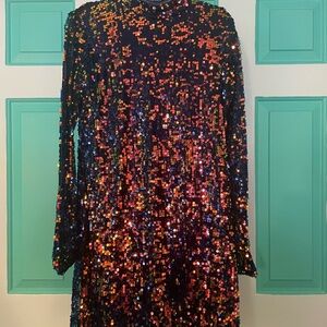 Black AB Sequin Long Sleeve Dress